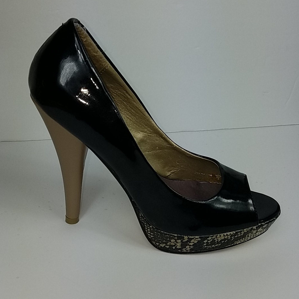 Madden Girl, black, taupe and reptile platforms